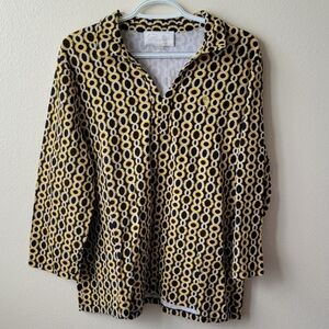 Vintage Pappagalo Womens Long Sleeve Blouse V Neck Size XL Geometric Yellow and